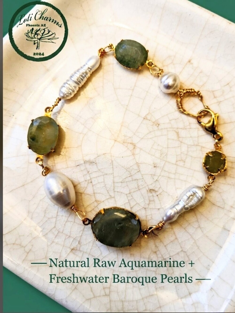 25.58 Total Carats Aquamarine And Baroque Pearls In 18K Gold Plated Bracelet